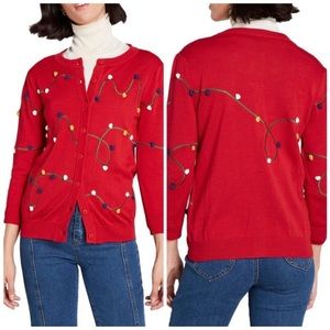 Modcloth Red Cardigan with Multicolor Embroidery Christmas Lights Unique